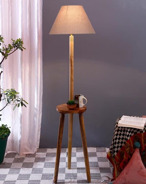 Cotton Conical Wooden Floor Lamp