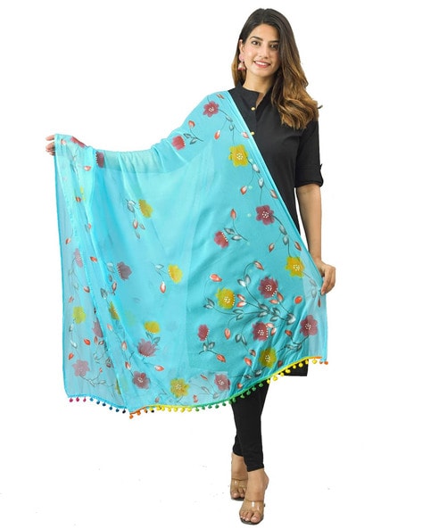 Floral Print Dupatta with Pom-Pom Accent Price in India