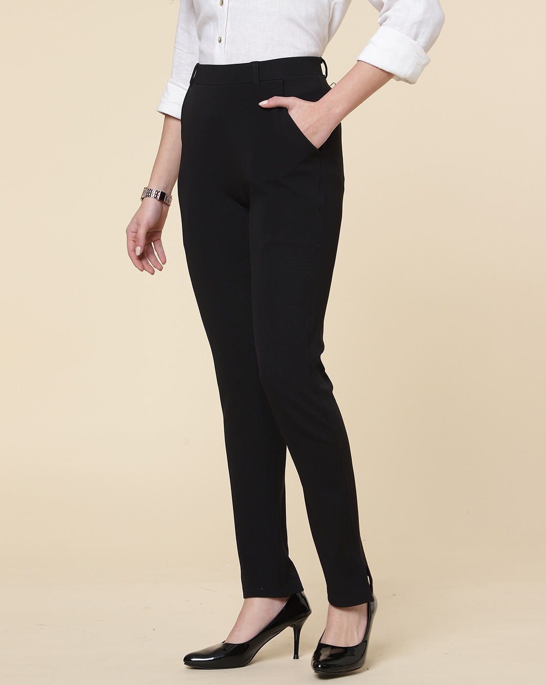 Buy LIFE Black Solid Regular Fit Rayon Women's Casual Pants | Shoppers Stop