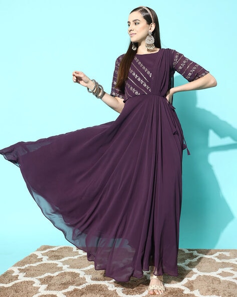 Embroidered Georgette Gown with Attached Dupatta in Magenta : TKR87