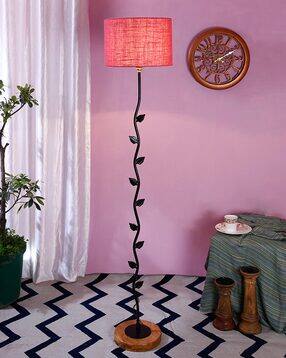 Jute Drum Shade Leaf Floor Lamp with Wooden Base-image-16