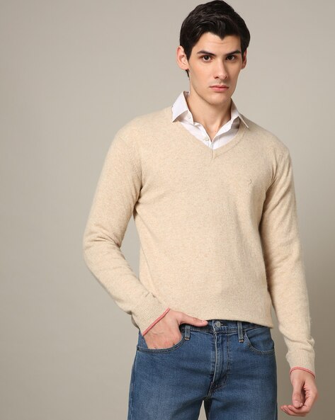 Mens cream v hot sale neck jumper