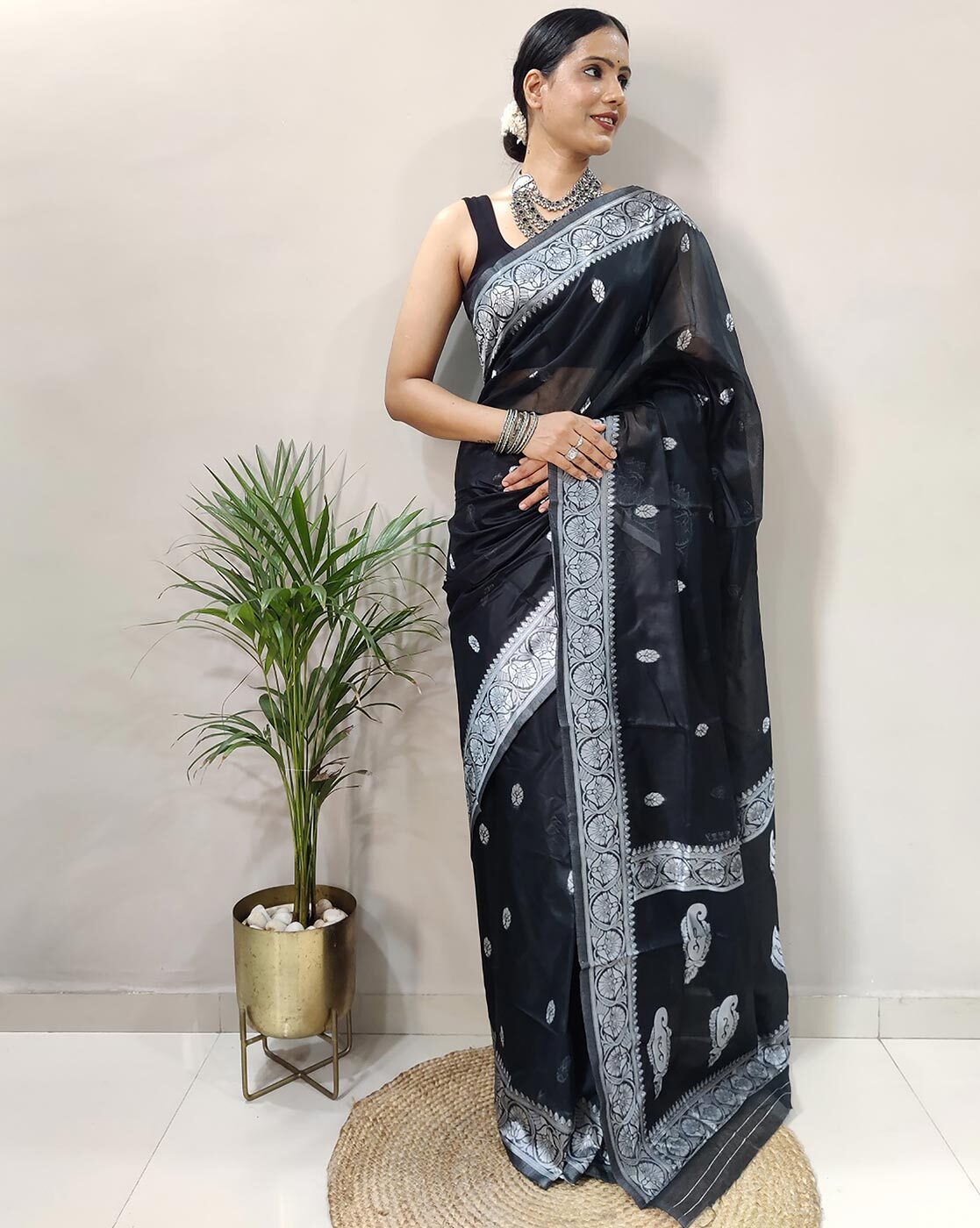 Buy Black Chanderi Woven Floral Zari Work Saree For Women by Mint N Oranges  Online at Aza Fashions.