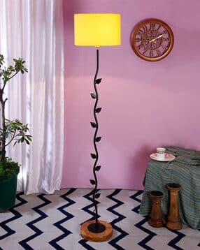 Drum Shade Leaf Floor Lamp with Wooden Base-image-0