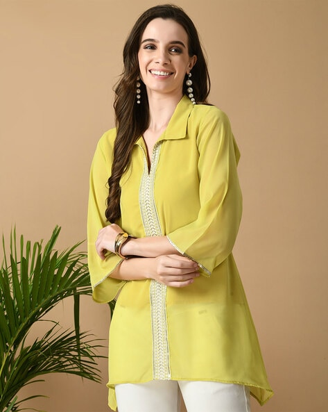 Spread Collar Top with Bell Sleeves
