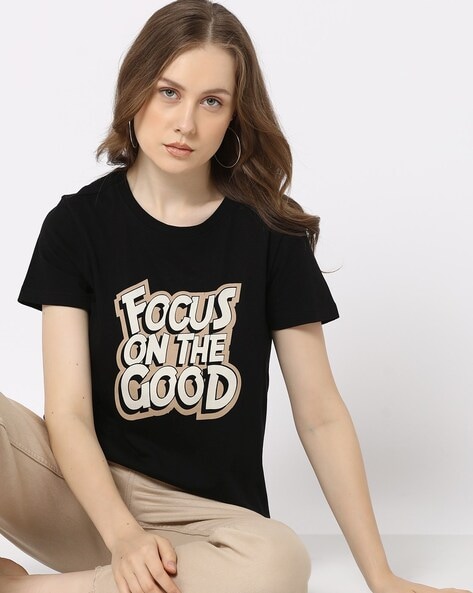 Women Typographic Print Relaxed Fit Round-Neck T-Shirt