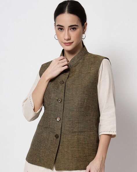Buy Vastraa Fusion Womens Handloom Small Checkered Cotton Nehru Jacket -  (TS1465D_38_Brown) at Amazon.in