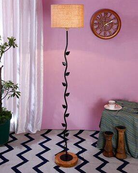 Jute Drum Shade Leaf Floor Lamp with Wooden Base-image-15