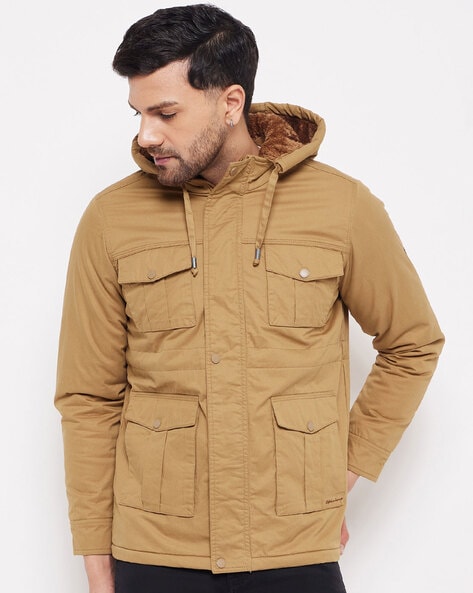 Khaki jacket with outlet hood