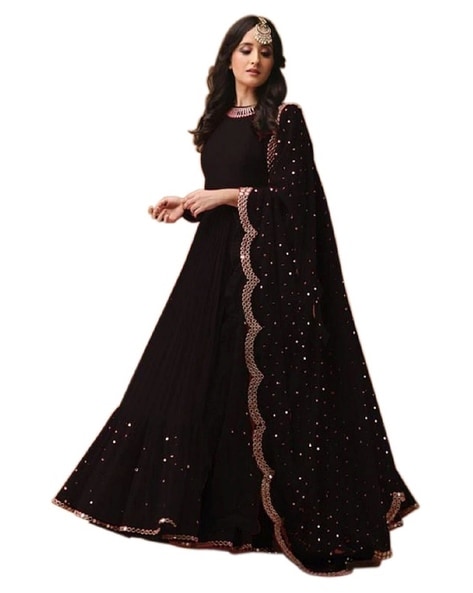 Women Embroidered Semi-Stiched Anarkali Dress Material Price in India