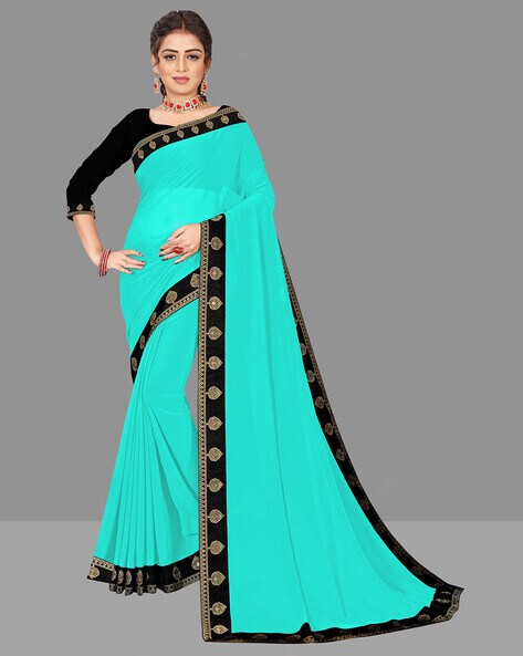 Party Wear Sarees : Blue and sea green chinon silk ready ...