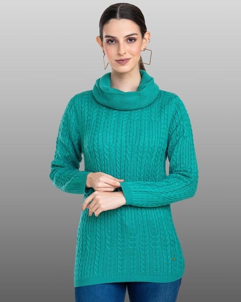 Cowl-Neck Pullover Sweater with Ribbed Sleeves