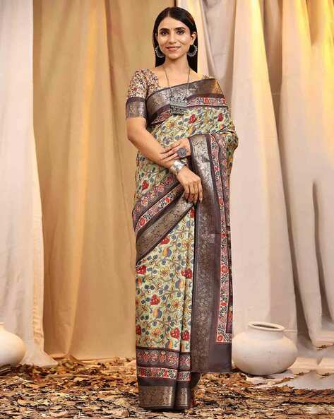The classic Kalamkari inspired floral pure Tussar silk saree in Mint green  with contrast warn... | Saree designs, Tussar silk saree, Sari