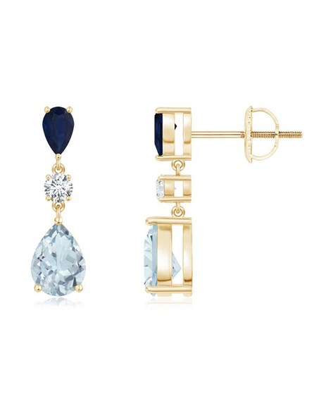 2.40 ct. t.w. Aquamarine and 1.50 ct. t.w. Sapphire Drop Earrings with .11  ct. t.w. Diamonds in 14kt Yellow Gold | Ross-Simons