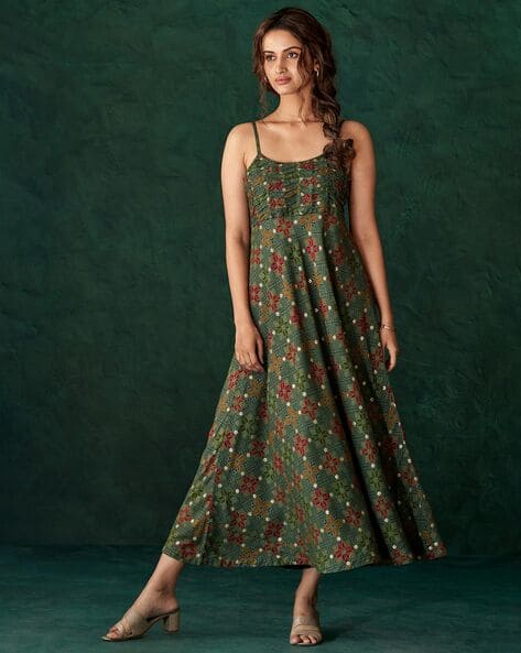 slim fit dress slacks Caravana Womens Woven Halterneck Dress with Pleat Details in Alpine Green One Size