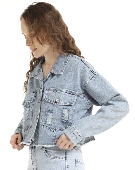 Distressed denim jacket clearance women