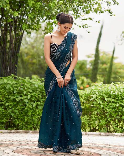 Navy blue organza saree with blouse 7611