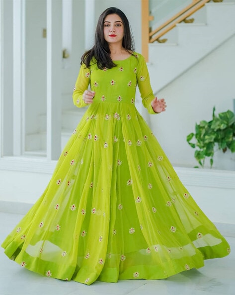 Pure Blooming Georgette With Embroidery Work Anarkali Suit Green Color DN  17002