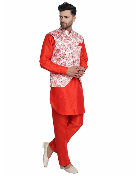 Red Silk Readymade Kurta Pajama With Jacket 197107 | Red kurta, Red silk,  Wedding kurta for men