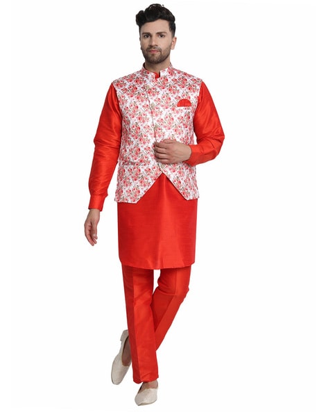 Men's Wedding Printer Self Desing Jacket(Koti) Kurta and Pajama Full Set