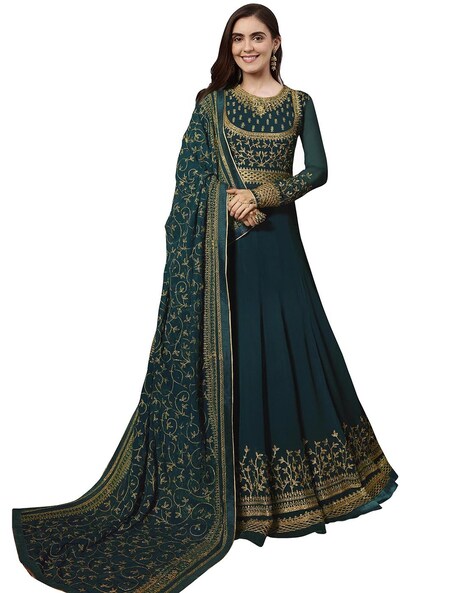 Women Embroidered Semi-Stiched Anarkali Dress Material Price in India