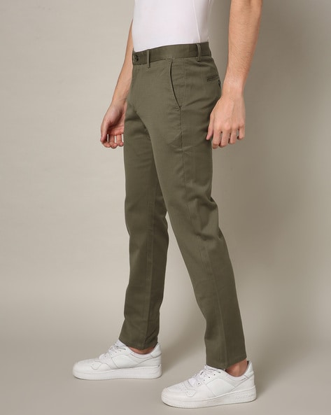 Buy Men Olive Solid Regular Fit Trousers Online in India - Monte Carlo