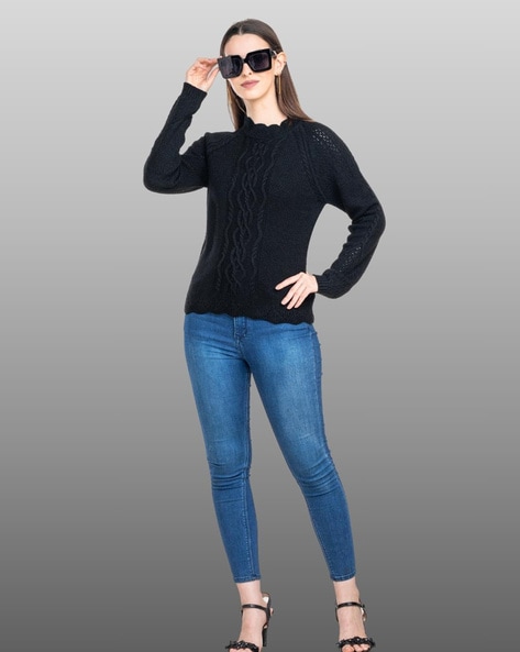 Cowl-Neck Pullover Sweater with Ribbed Sleeves