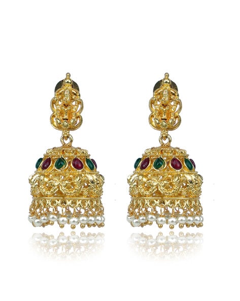 Buy Elegant Purple Colour Stone Flower Design Gold Plated Earrings Online