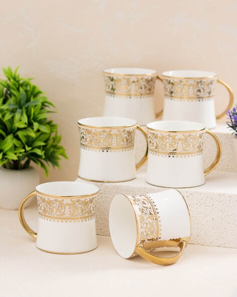 Glossy Golden Ceramic Tea and Coffee Mug - Set of 6