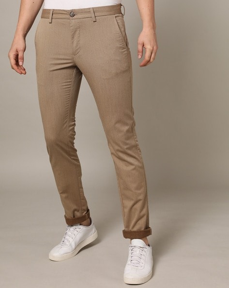 Buy Men Khaki Solid Slim Fit Trousers Online - 744569 | Van Heusen