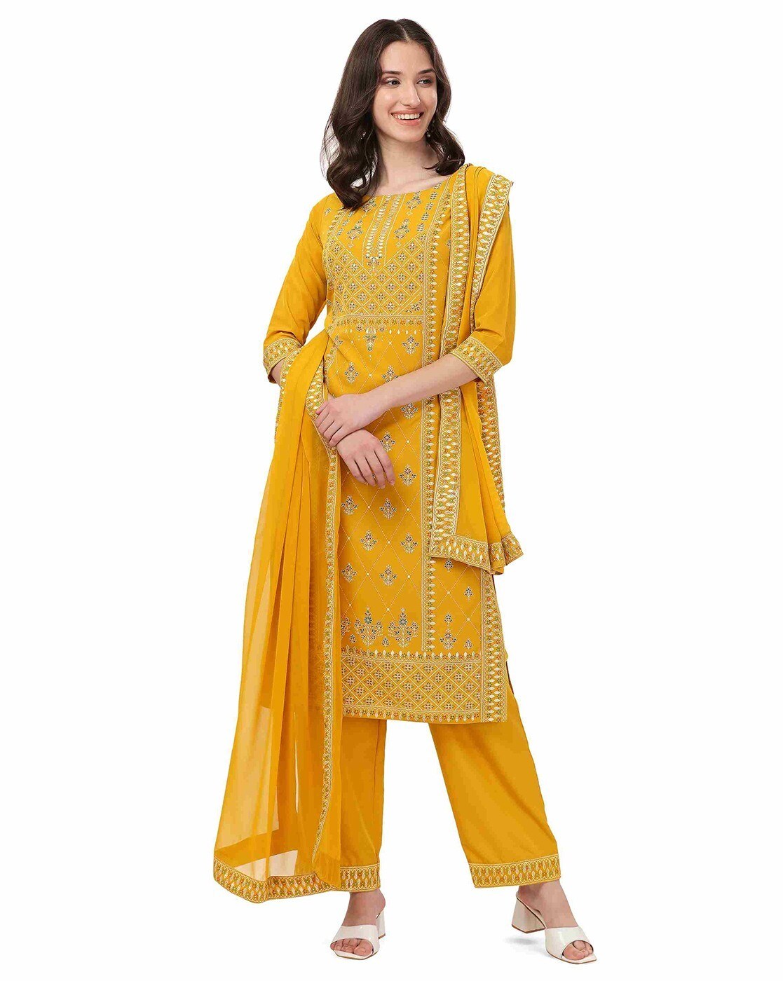 Unstitched Printed Yellow Cotton Salwar Suit Fabric for Women – Stilento