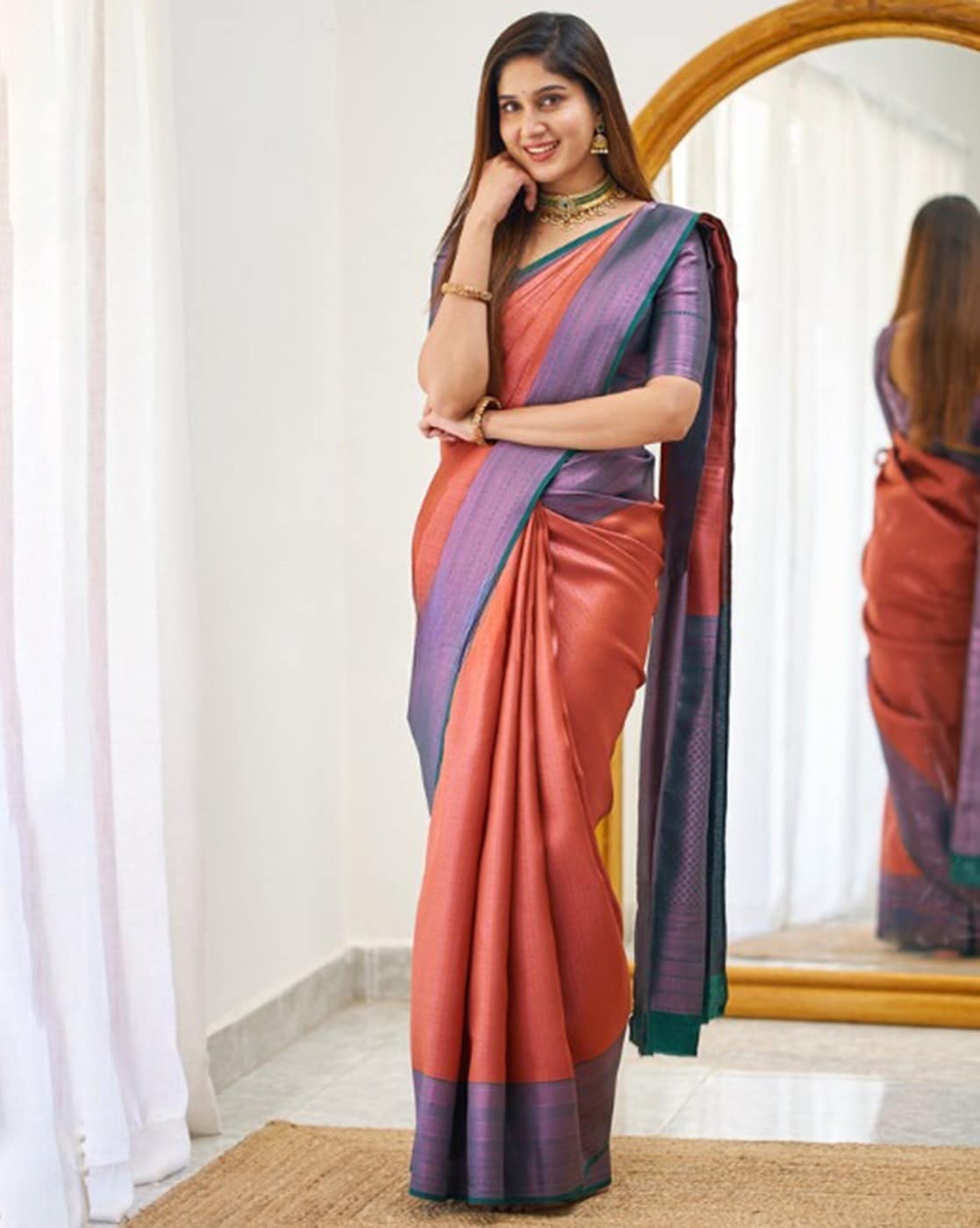 Peach silk saree with contrast border - G3-WSA54156 | G3nxt.com