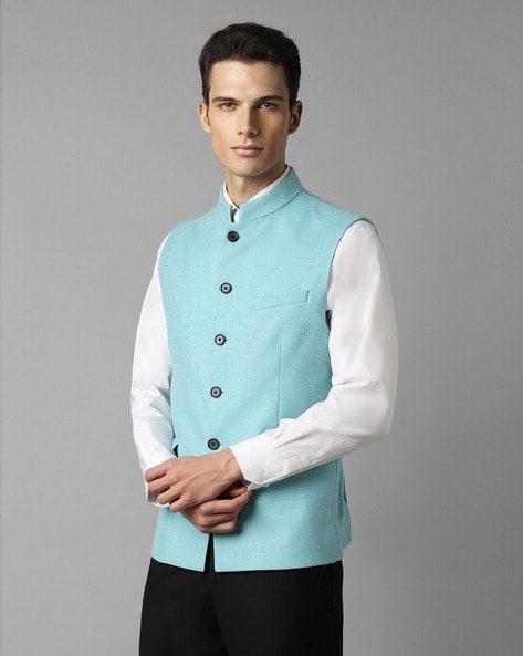 Buy Sky Blue Jacquard Nehru Jacket Online at Best Price | Cbazaar