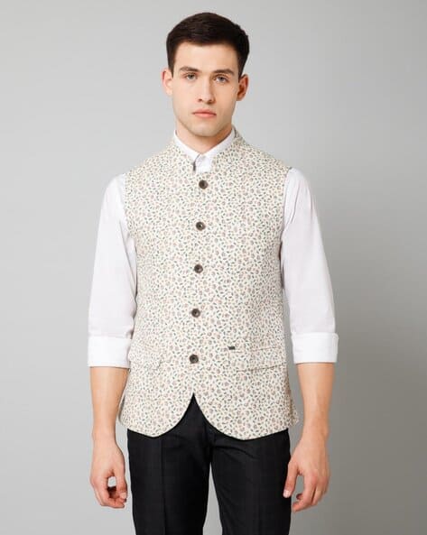 Men Leaf Print Single-Breasted Waistcoat