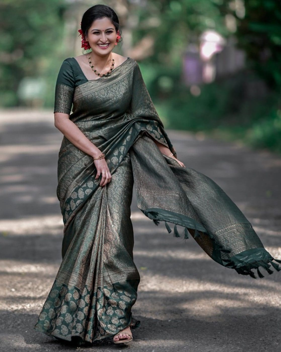 Embroidery Work Green Blouse With Orange Color Heavy Weaved Silk Saree