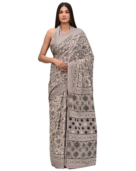 Handloom Chanderi Bagru Block Printed Saree-Beige