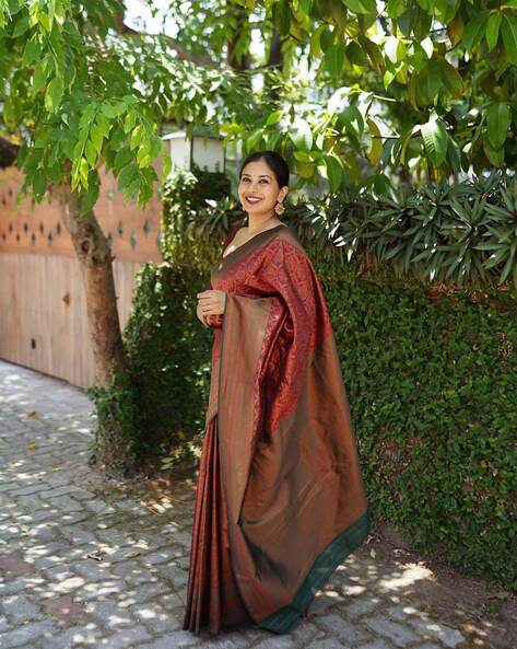 Deep Brown Katan Banarasi Silk Saree With Floral Jaal Weaving | Singhania's