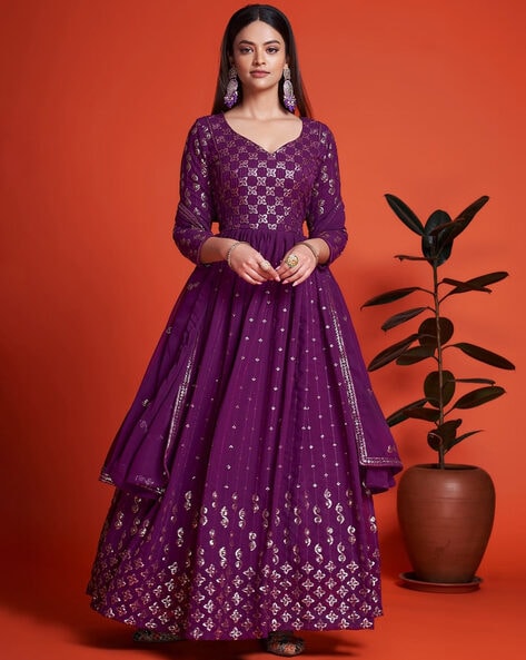 Mangalagiri Purple Pattu Plain Dress Materials  (Top+Bottom+Dupatta)-Indiehaat – Indiehaat.com