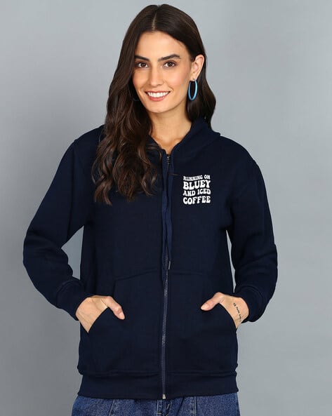 Women Typographic Print Regular Fit Zip-Front Hoodie