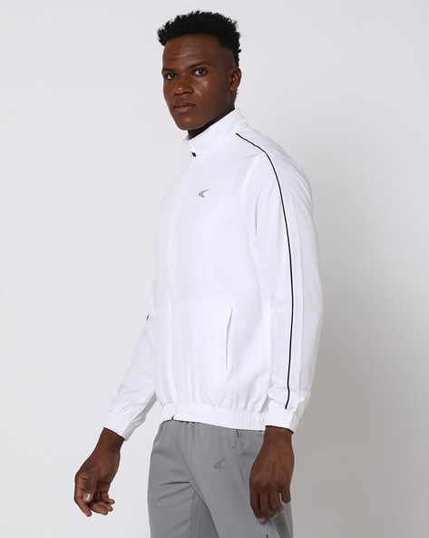 Men White Regular Fit Bomber Solid Jacket