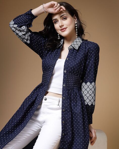 Polka-Dot Long Shrug with Collar Neck