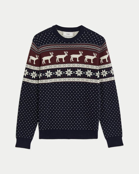 Fair Isle Navy Blue Christmas Jumper Reindeer Fair Isle Christmas