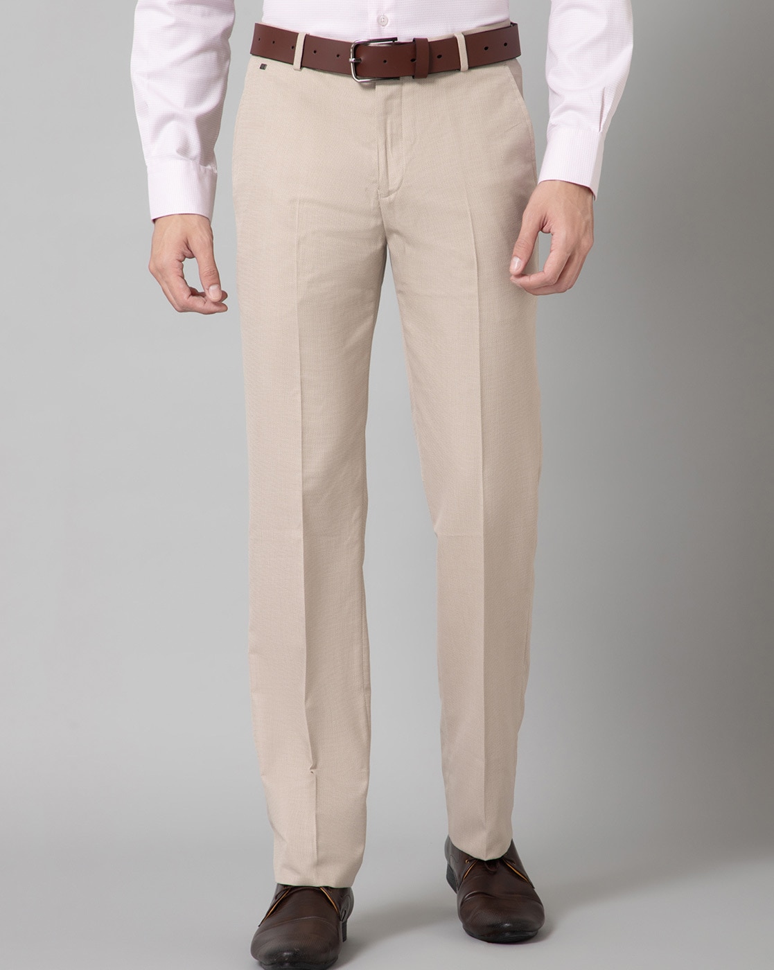 Cantabil Navy Regular Fit Check Flat Front Trousers