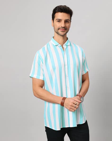 Men Striped Slim Fit Shirt with Short Sleeves