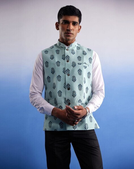 Embroidered Linen Silk Layered Asymmetric Nehru Jacket in Green : MSA221