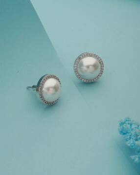 saraf rs jewellery Silver-Plated Stone-Studded Pearl Beaded Studs Earrings-picture-15