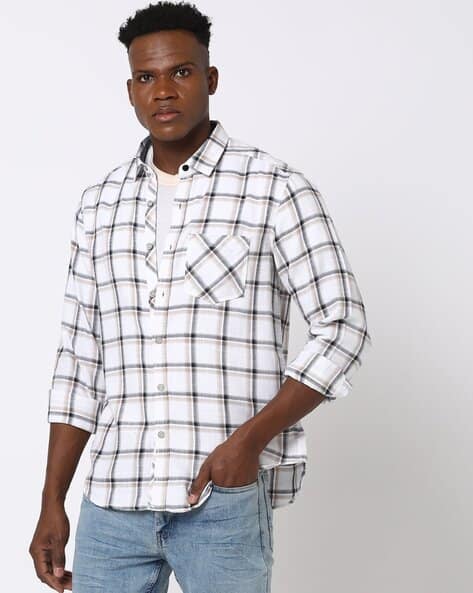 Beige Shirt Black Jeans Men Checked Slim Fit Shirt
