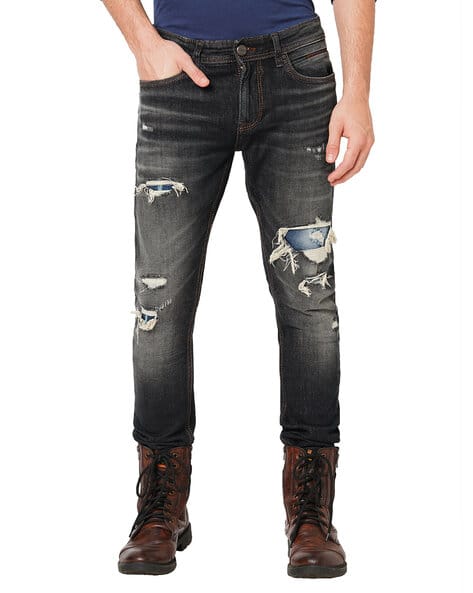 Men Lightly Washed Heavy Distressed Tapered Jeans