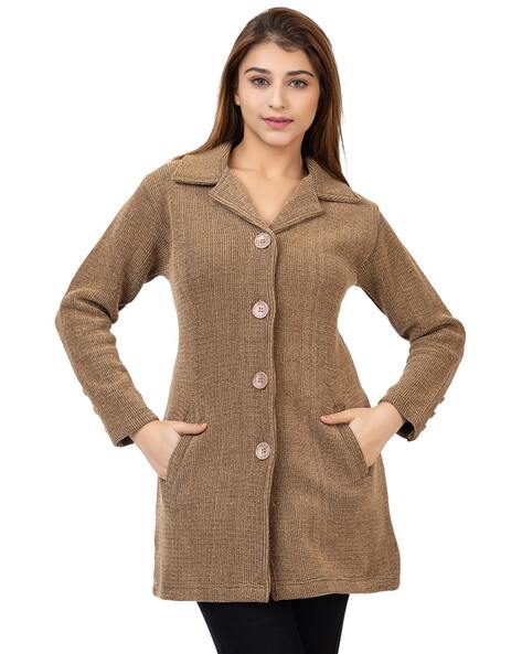 Buy HAUTEMODA Women Button Long Cardigan with Fur Collar Beige at