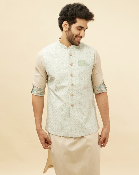 Set Of 3: Off White Cotton Silk Kurta, Pyjama & White Cream Brocade Ne –  TJORI